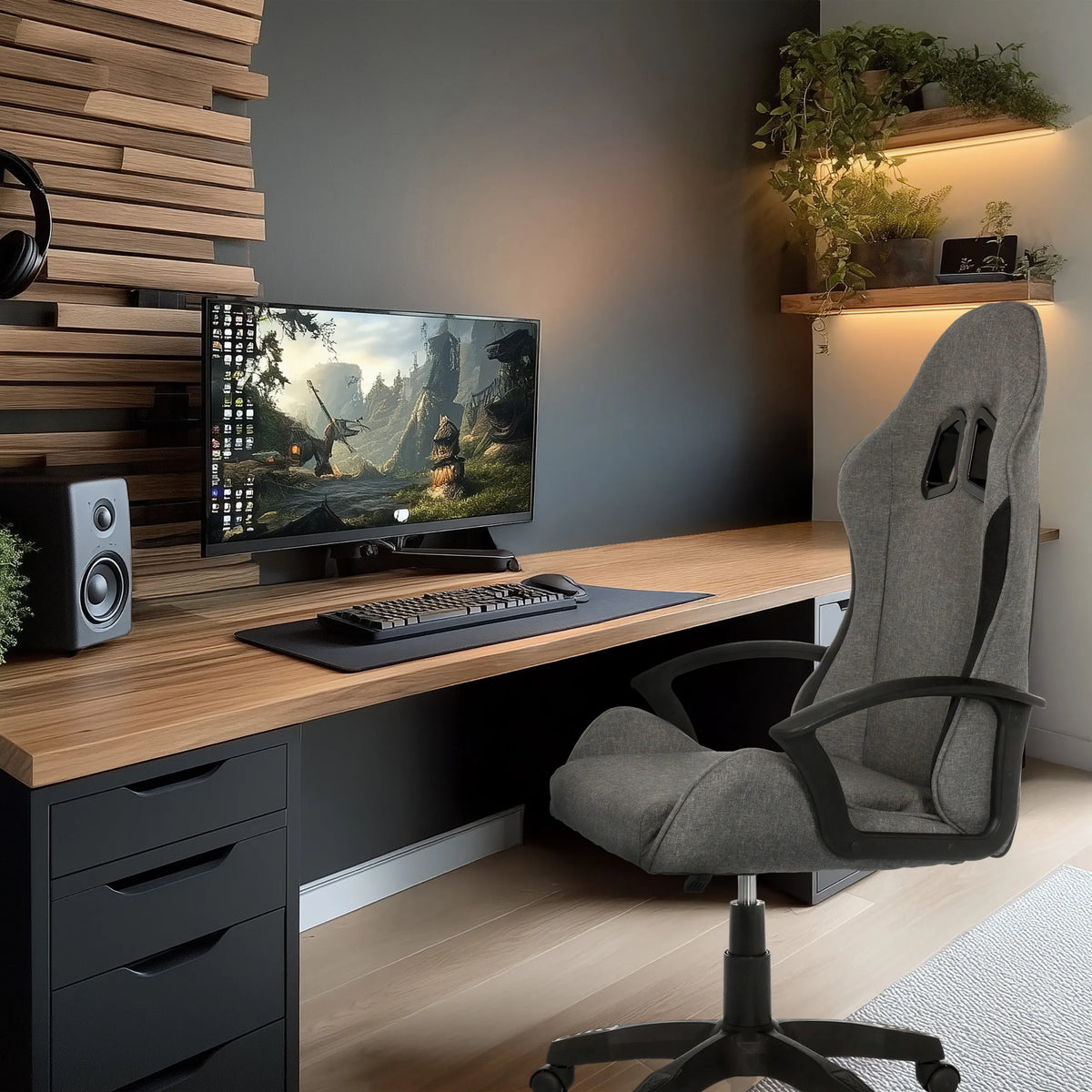 Spelstol GAMEBREAKER W01 i grått och svart med högt ryggstöd och armstöd från MyBuero