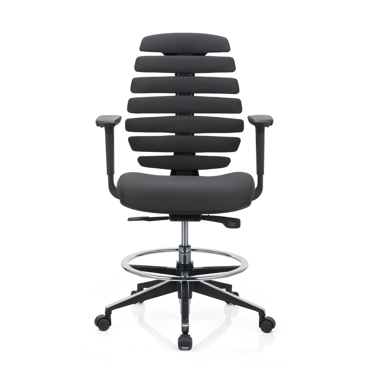 Svart bardiskstol ERGO LINE II WORK med segmenterat ryggstöd, fotring och femhjulig fotkorsbas från hjh OFFICE – 360-gradersvy (framifrån 0°)