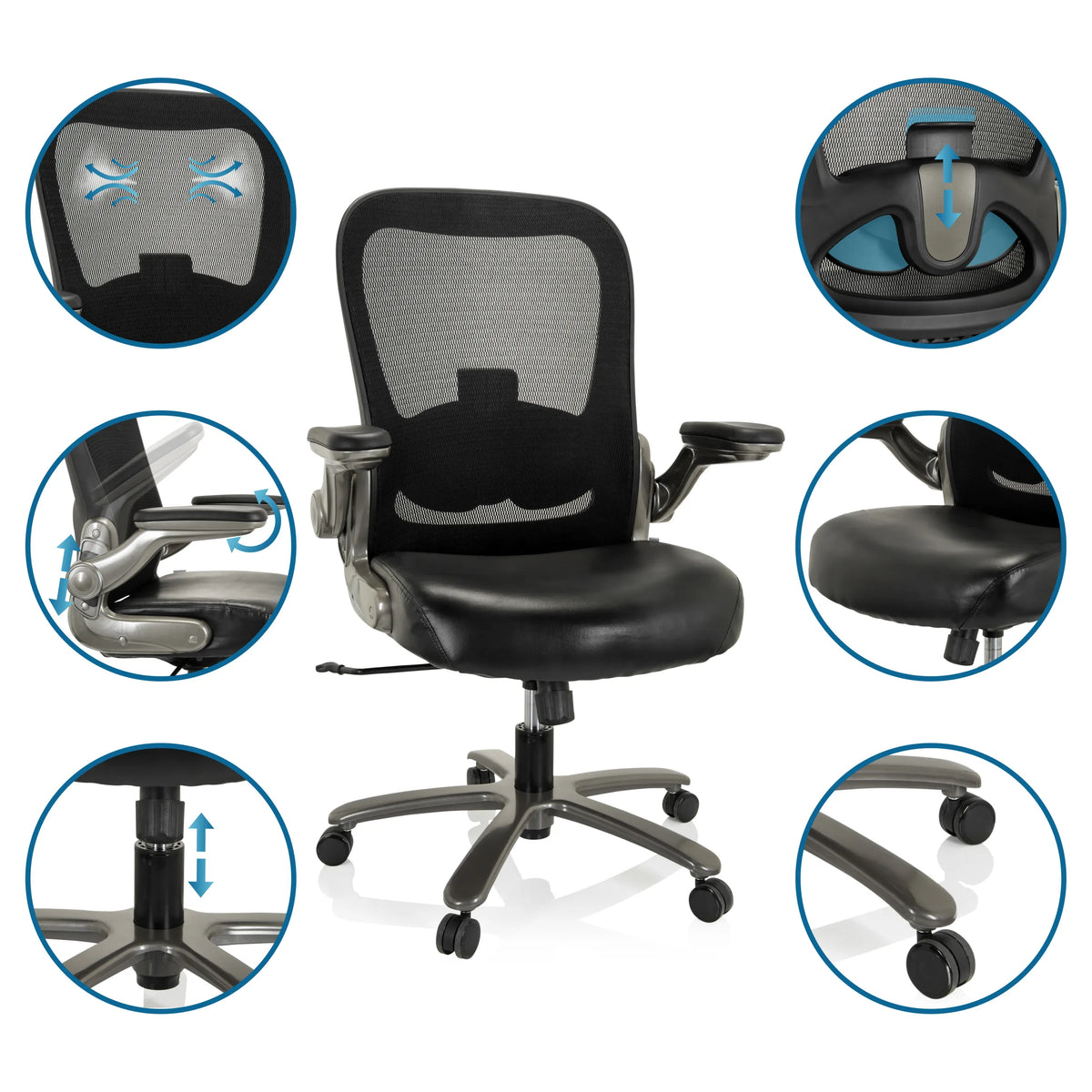 XXL snurrstol INSTRUCTOR T I i konstläder och mesh med olika detaljvyer från hjh OFFICE