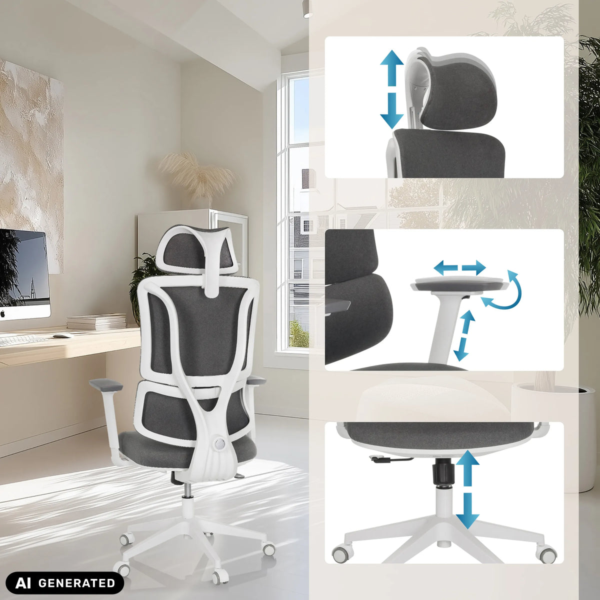 Justerbart nackstöd, armstöd och sitthöjd på ERGOMY WF Home Office kontorsstol från MyBuero (AI-genererad bild)