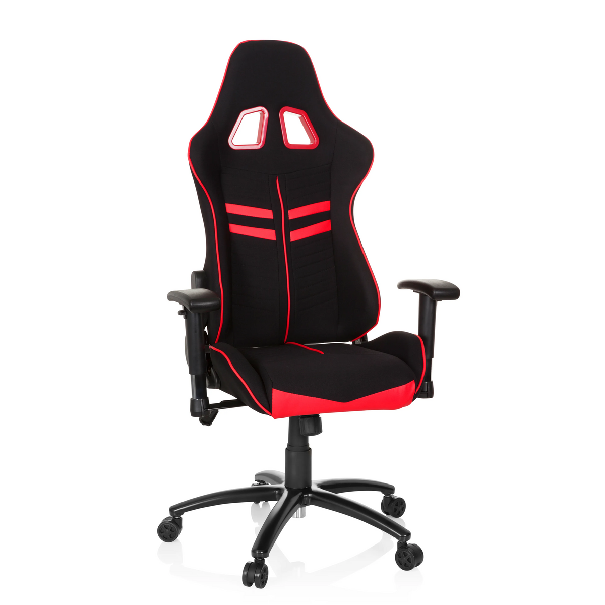 Schwarz-roter Gamingstuhl LEAGUE PRO I mit zwei Kopfstützen-Öffnungen und Fußkreuz mit fünf Rollen von hjh OFFICE – 360-Grad-Ansicht (Frontansicht 20°)