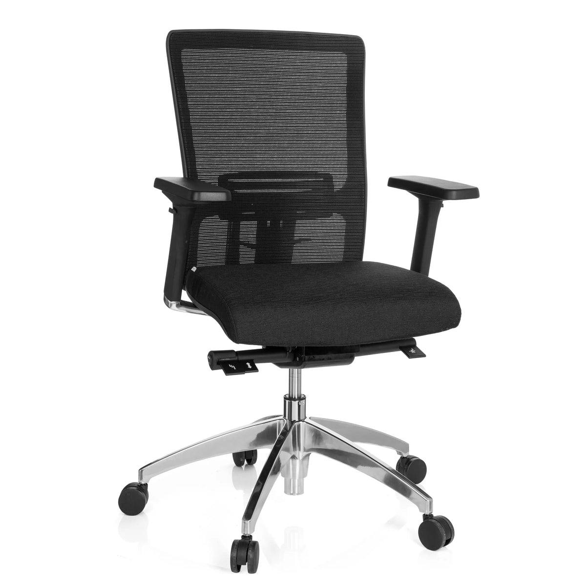 Svart Professionell kontorsstol ASTRA BASE N med nätrygg och blank femstjärnig fot med hjul från hjh OFFICE – 360-gradersvy (framifrån 20°)