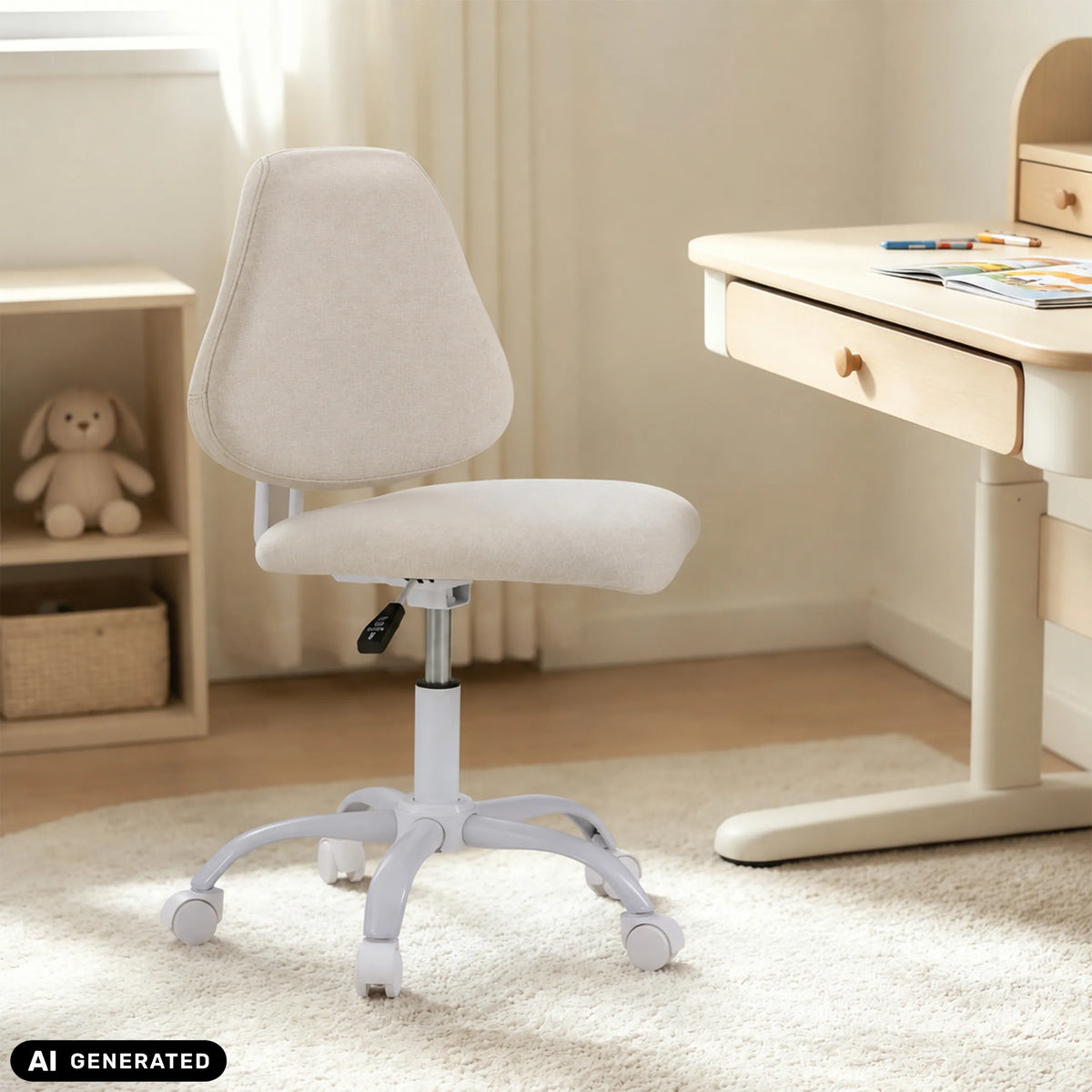 Beige snurrstol för barn Lumikid med hjul och gaslift från hjh OFFICE (AI-genererad bild)