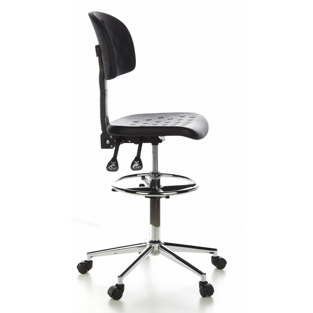 Svart Bardiskstol TOP WORK 23 med fotring och femstjärnigt fotkors med hjul från hjh OFFICE – 360-gradersvy (sidoprofil 80°)