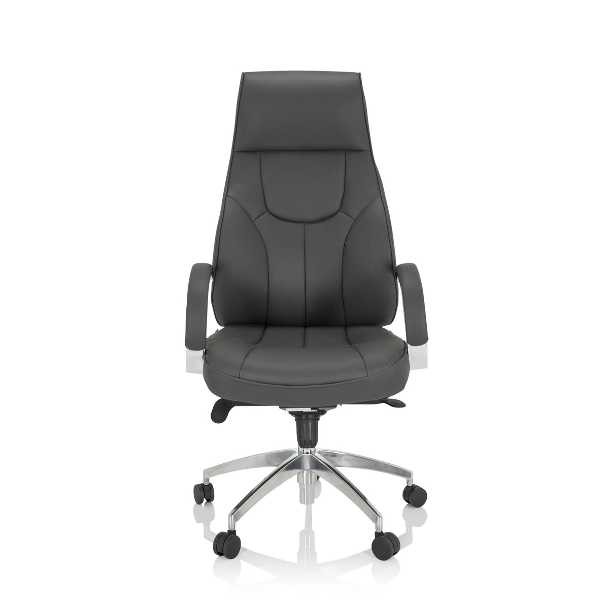 Grå professionell chefsfåtölj ELEGANCE I med armstöd och blankt femstjärnigt underrede med fem hjul från hjh OFFICE – 360-gradersvy (framifrån 0°)