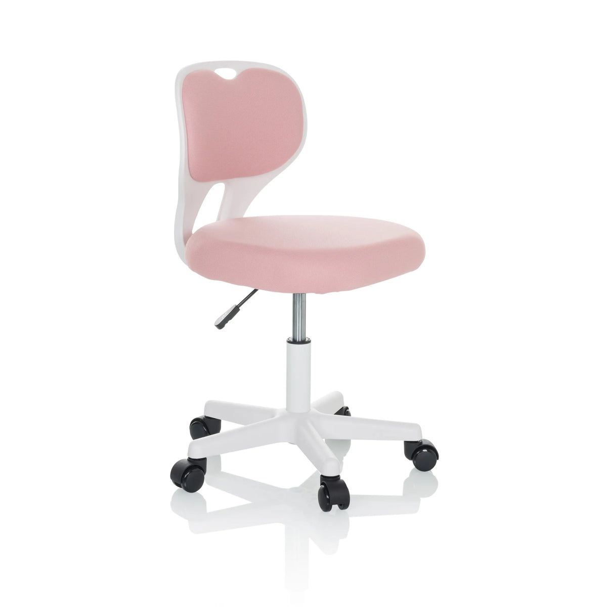 Rosa Snurrstol för barn KIDDY TOP W med vit ram och femhjulig bas från hjh OFFICE – 360-gradersvy (snett framifrån 60°)