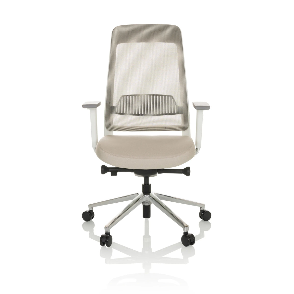 Beige Professionell kontorsstol CHIARO T2 WHITE med nätrygg och silverfärgad femstjärnig fot med hjul från hjh OFFICE – 360-gradersvy (framifrån 0°)