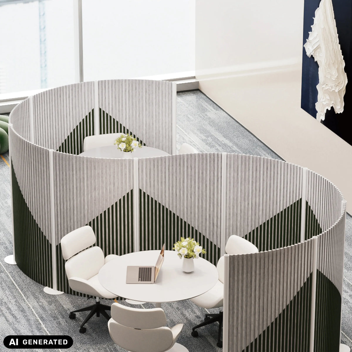 Grå Flexmiut Wave skärmväggar med vertikal lamellstruktur som insynsskydd från hjh OFFICE (AI-genererad bild)