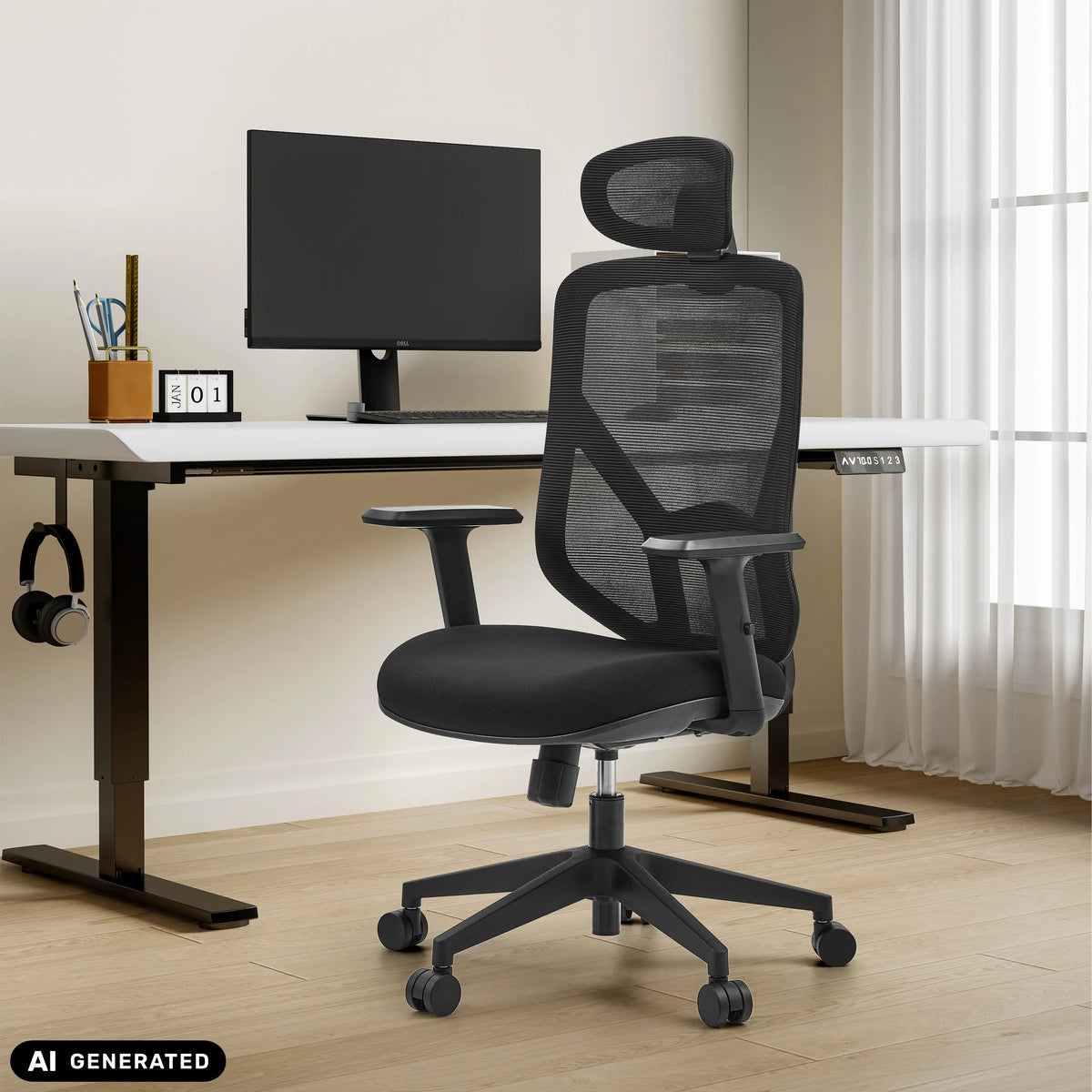 Svart BLACORE Home Office kontorsstol med nätryggstöd och nackstöd från MyBuero (AI-genererad bild)