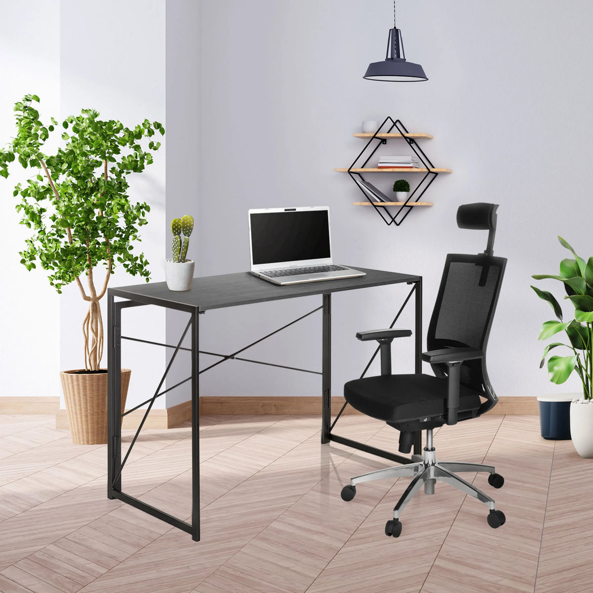 Svart hopfällbart skrivbord EASY UP MULTI i måtten 100 x 50 cm med en bärbar dator från hjh OFFICE