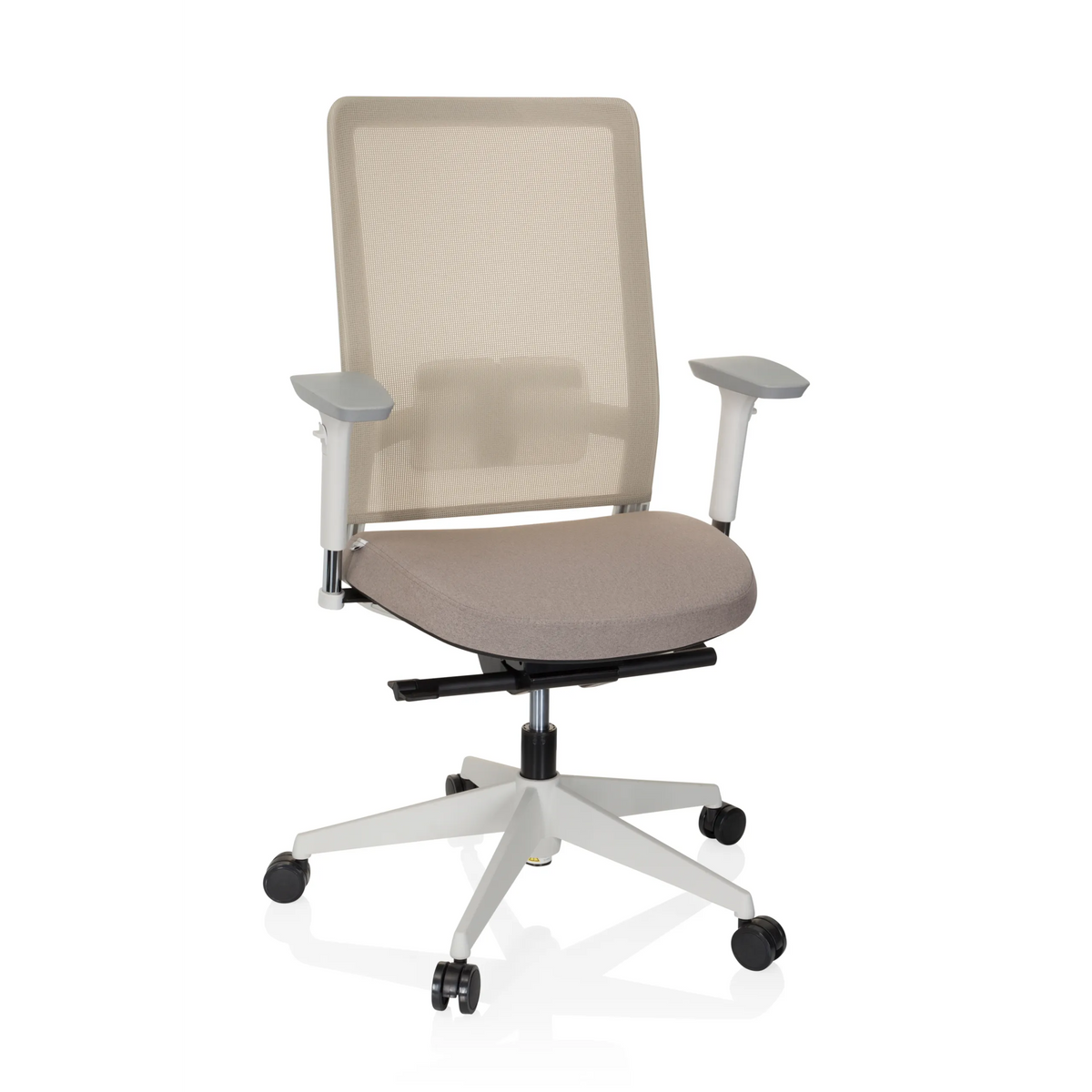 Beige Professionell kontorsstol PURE WHITE med nätrygg och femstjärnig fotkorsbas med hjul från hjh OFFICE – 360-gradersvy (framifrån 20°)