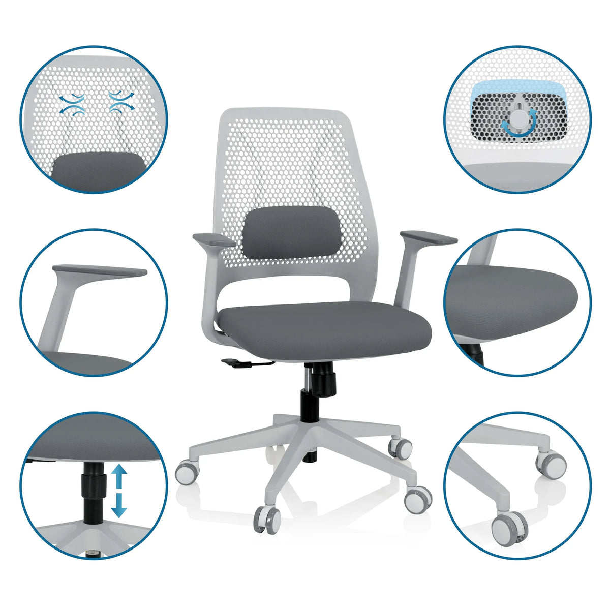 Grå Home Office kontorsstol PARFERIO W med nätrygg, armstöd och hjul från hjh OFFICE