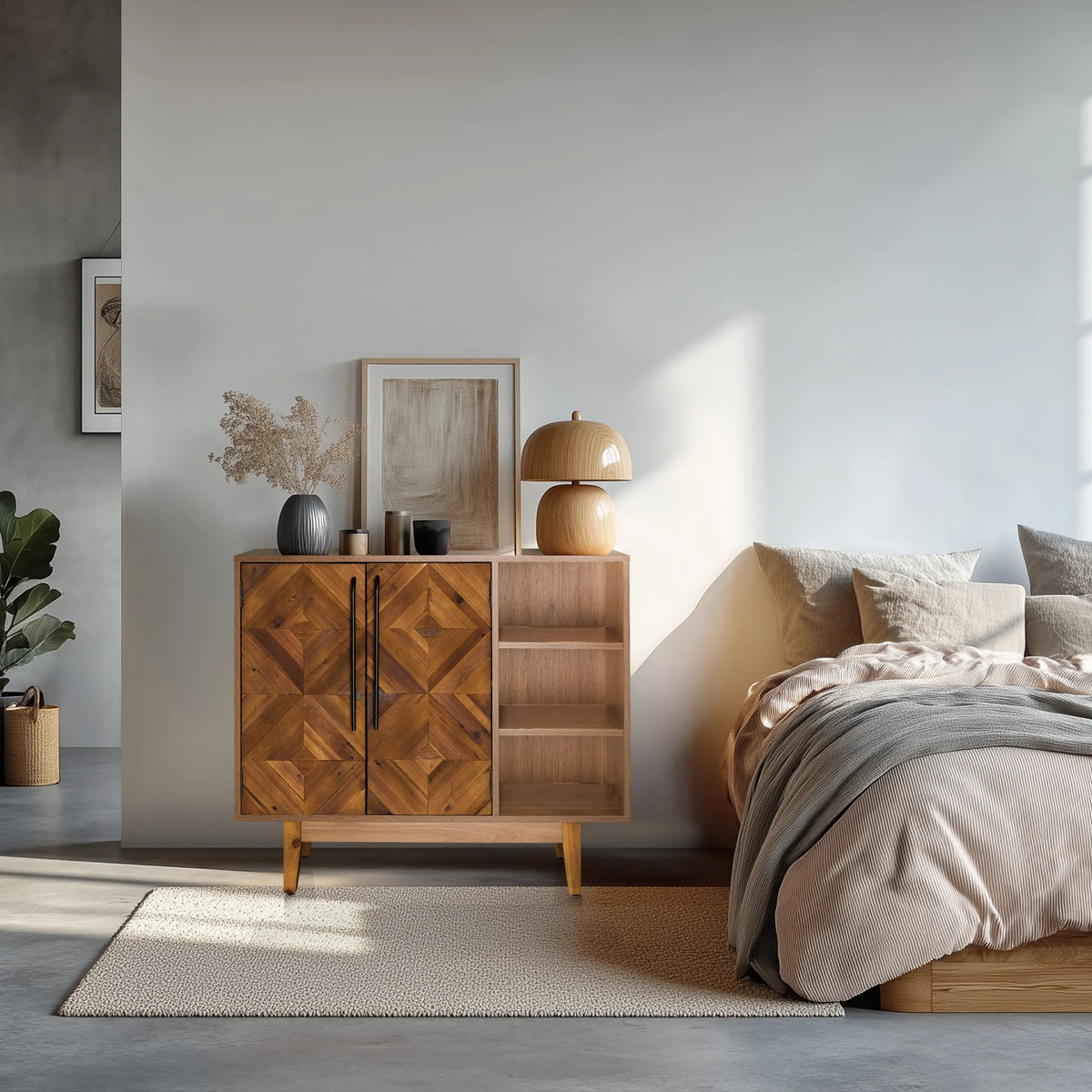 Byrå SANTJAGO WOOD L i mörkbrunt trä med geometriskt mönster och öppna hyllfack från hjh LIVING