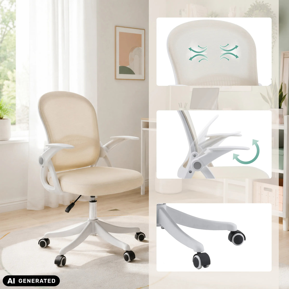 Beige Naluro Home Office kontorsstol med andningsbart ryggstöd och hjulstjärna från hjh OFFICE (AI-genererad bild)