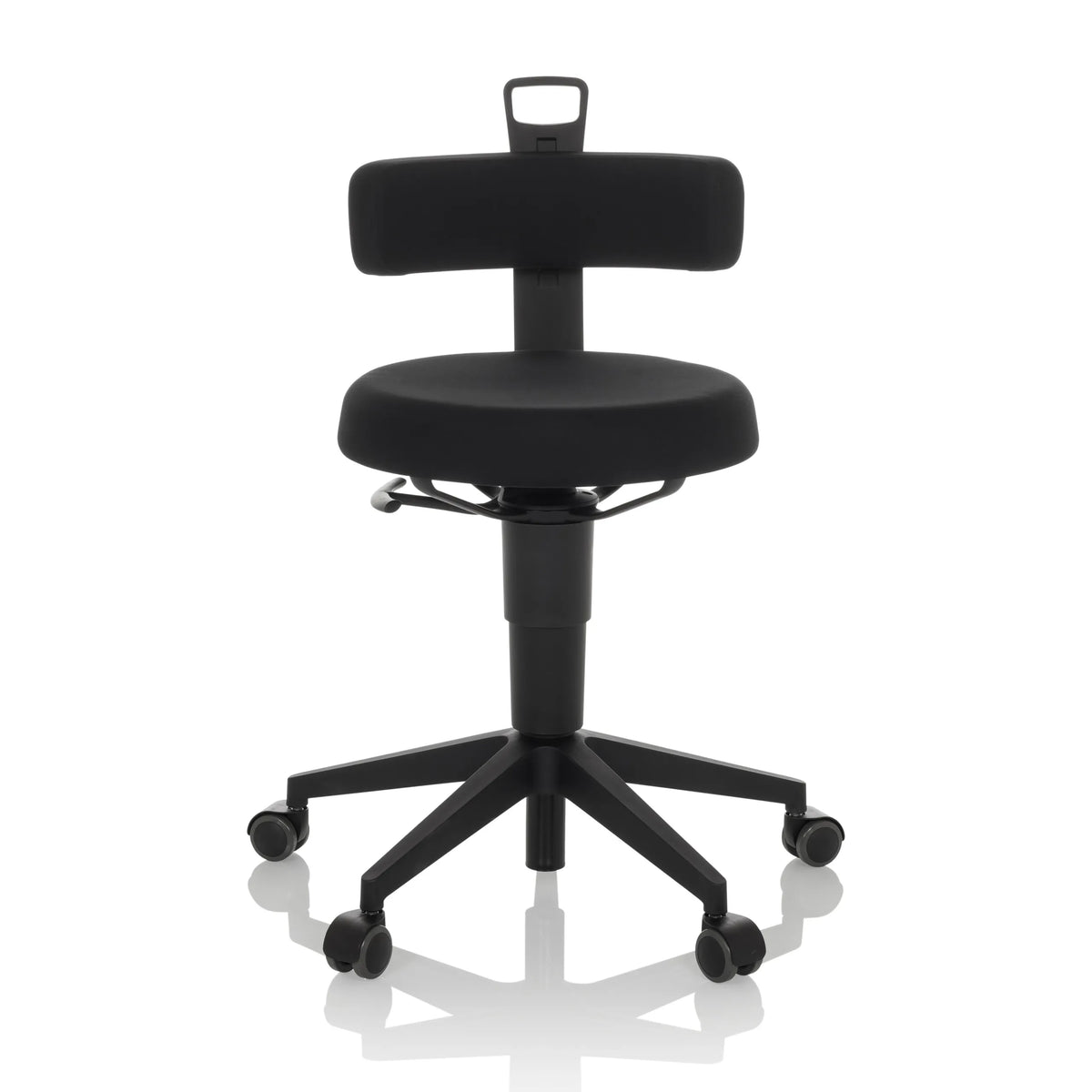 Svart Svängbar stol TOP WORK FLEX med ryggstöd, handtag och femhjuligt underrede från hjh OFFICE – 360-gradersvy (framifrån 0°)