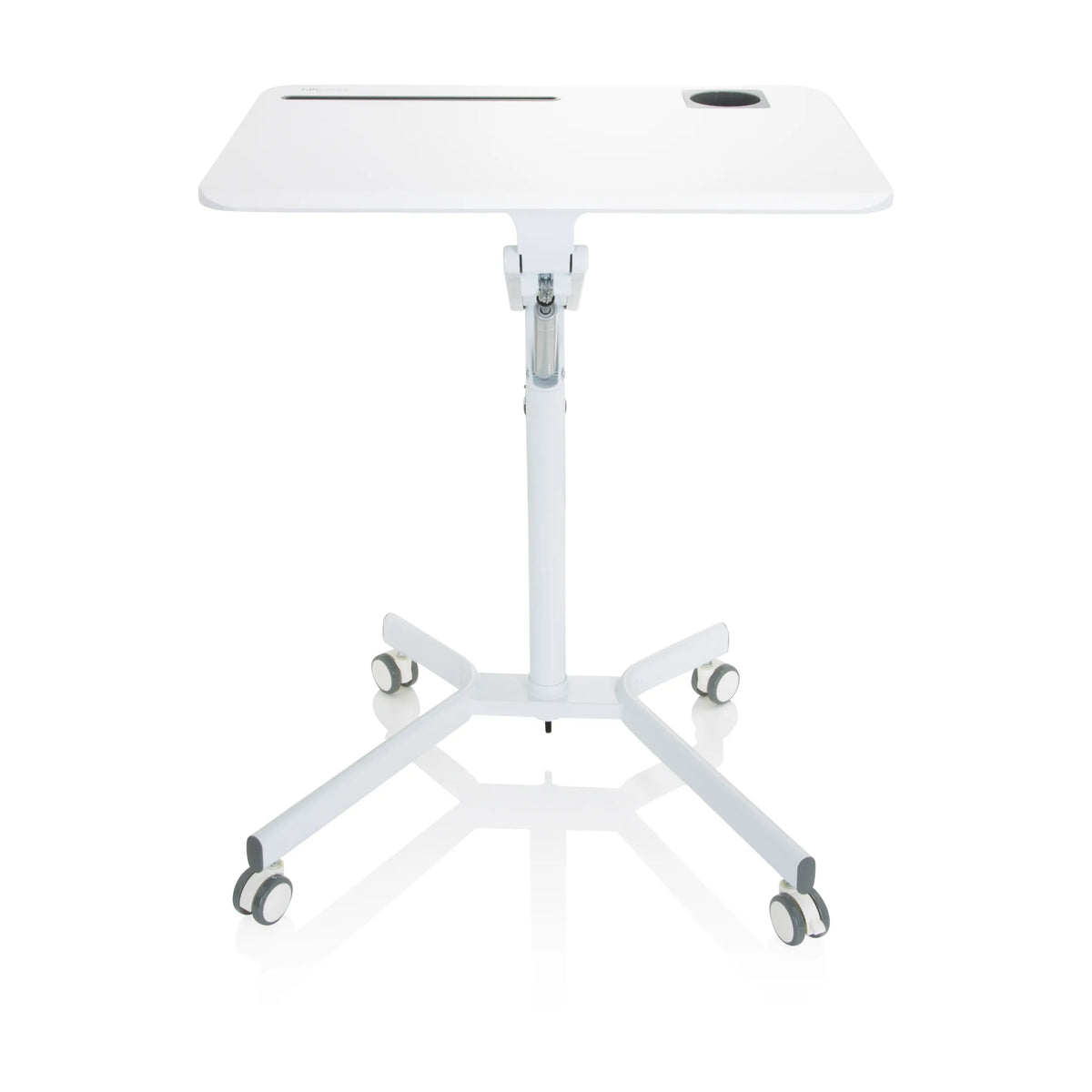 Vitt ståskrivbord STAND VM-SU I med höjdjusterbart ben och femhjulig stjärnfot från hjh OFFICE – 360-gradersvy (framifrån 0°)