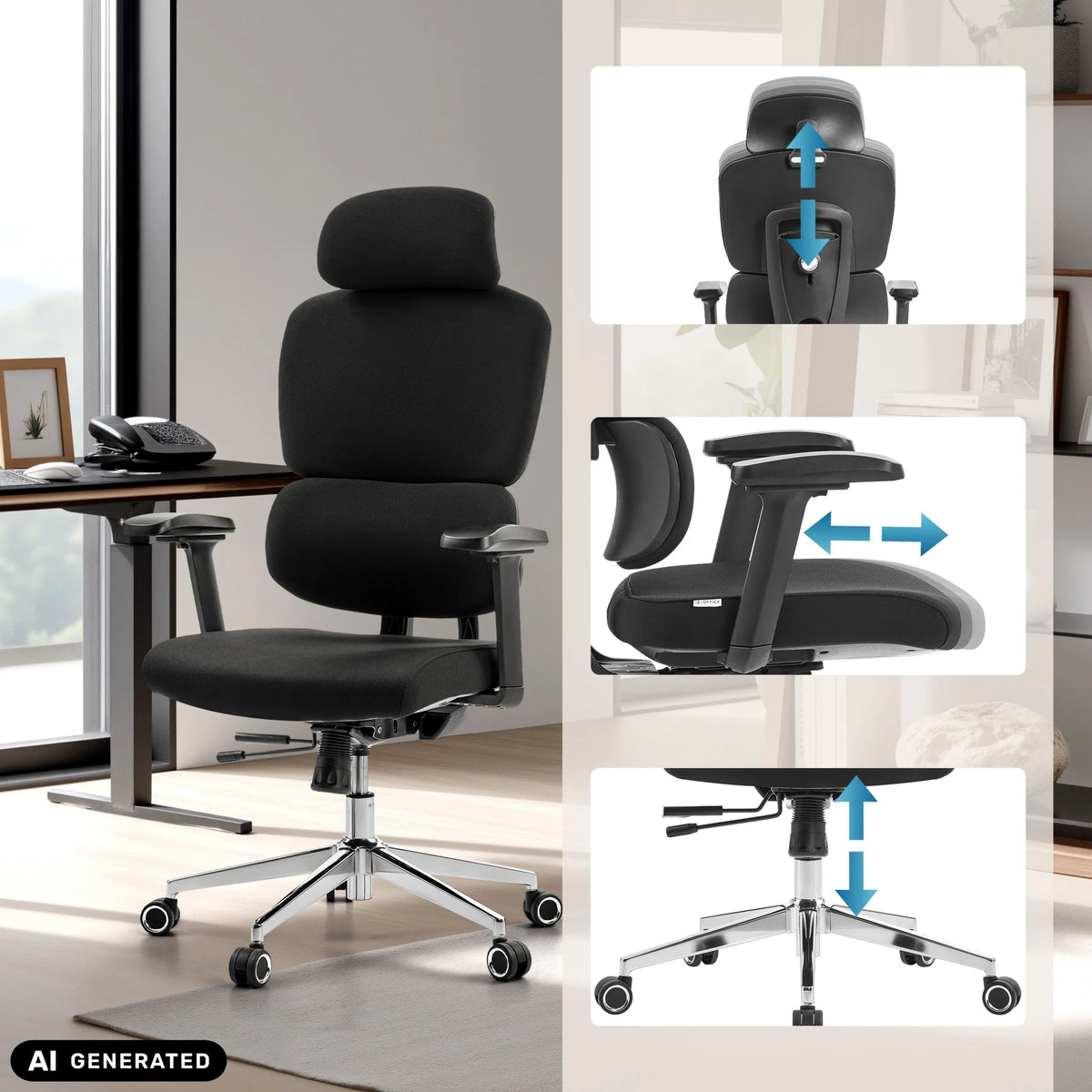 Höjdjusterbart nackstöd, armstöd och gasfjäder till den professionella kontorsstolen Ergomy F 2 från hjh OFFICE (AI-genererad bild)