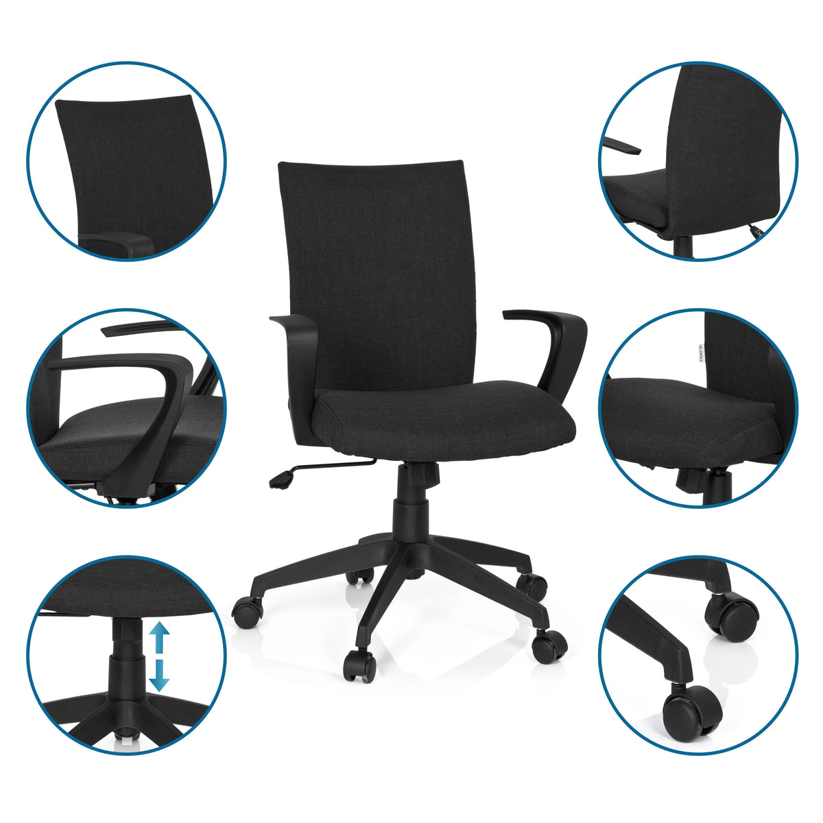 Home Office kontorsstol SOFT i svart med detaljvyer av armstöd, gasfjäder och hjul från hjh OFFICE