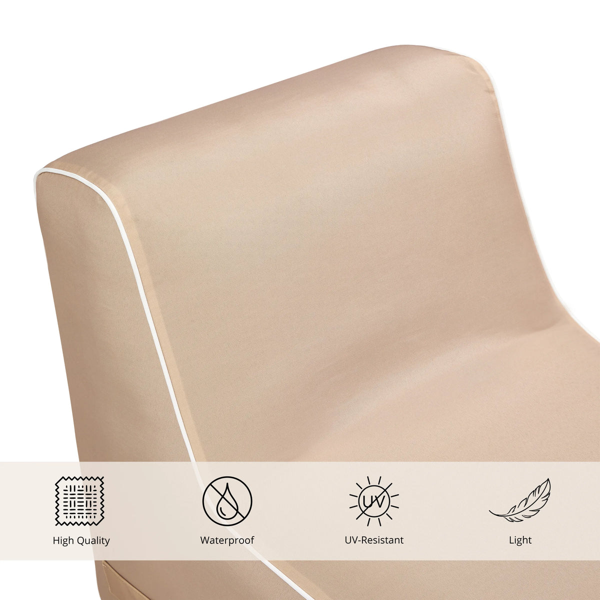 Beige materialdetalj av den Uppblåsbara Soffan Sitzolo Air med symboler för vattenresistens och UV-beständighet från hjh LIVING