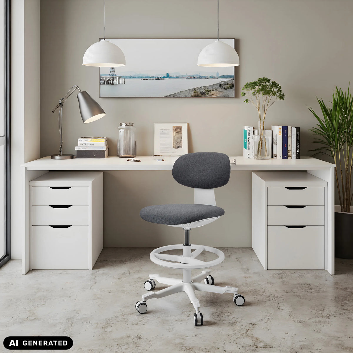 Arbetsstol WORK MF2 W i mörkgrått framför ett vitt skrivbord från hjh OFFICE (AI-genererad bild)