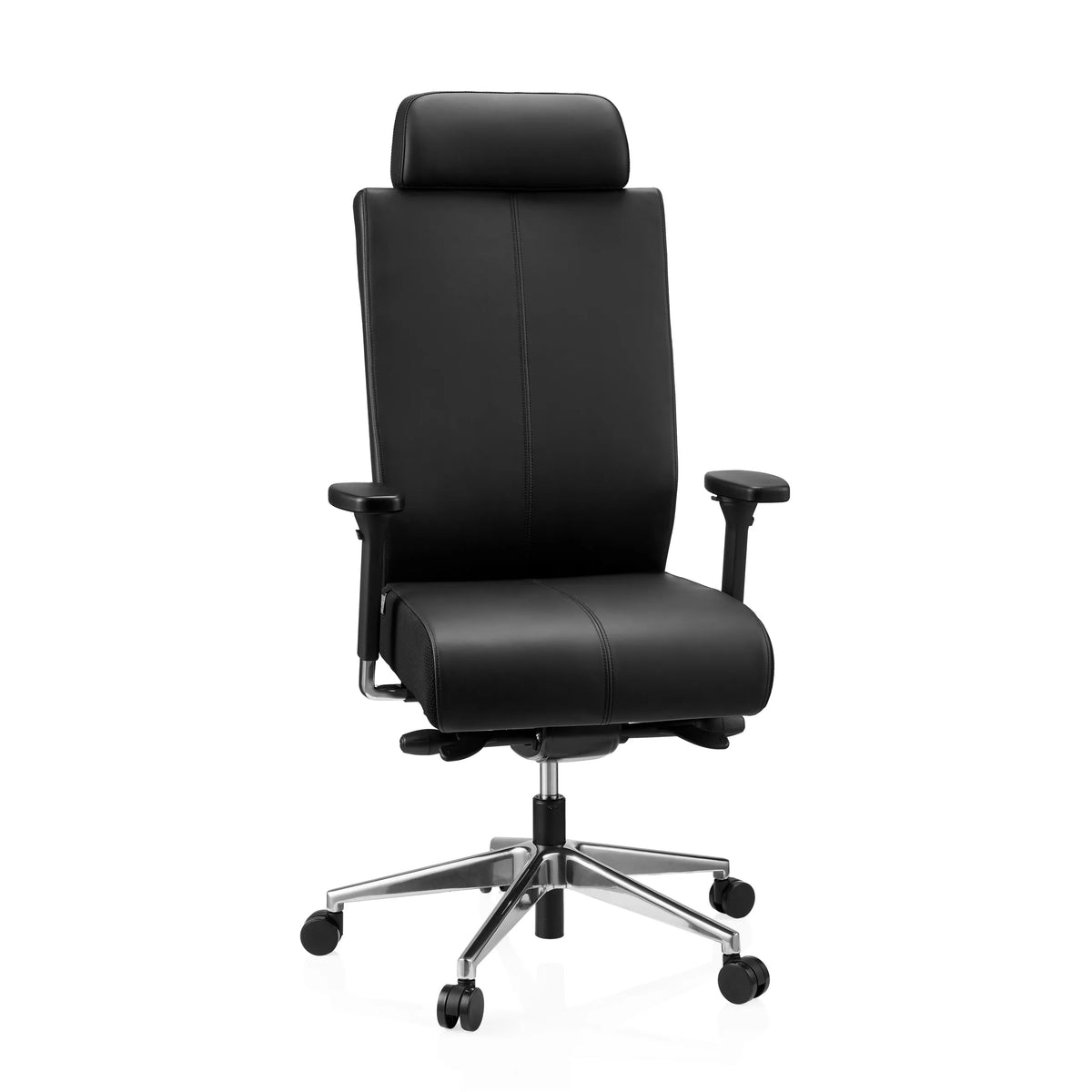 Svart Professionell kontorsstol PRO-TEC XXL i läder med nackstöd och femstjärnig fotkorsbas med hjul från hjh OFFICE – 360-gradersvy (framifrån 15°)