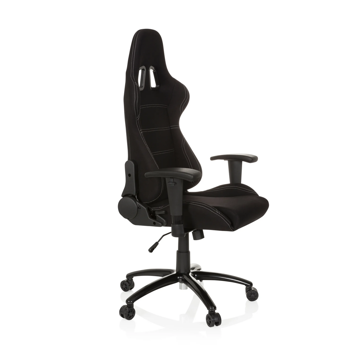 Svart Spelstol GAME FORCE med nackstöd, armstöd och femhjulig fotkorsbas från hjh OFFICE – 360-gradersvy (snett framifrån 60°)