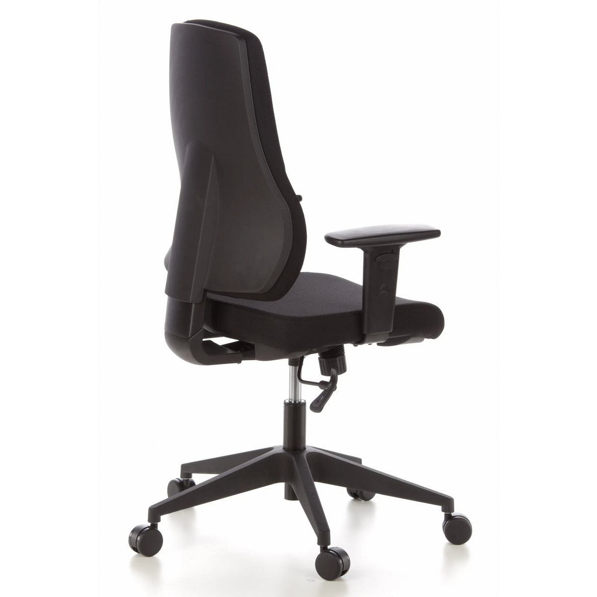 Svart Professionell kontorsstol PRO-TEC 100 med armstöd och femhjulig stjärnfot från hjh OFFICE – 360-gradersvy (snett bakifrån 120°)