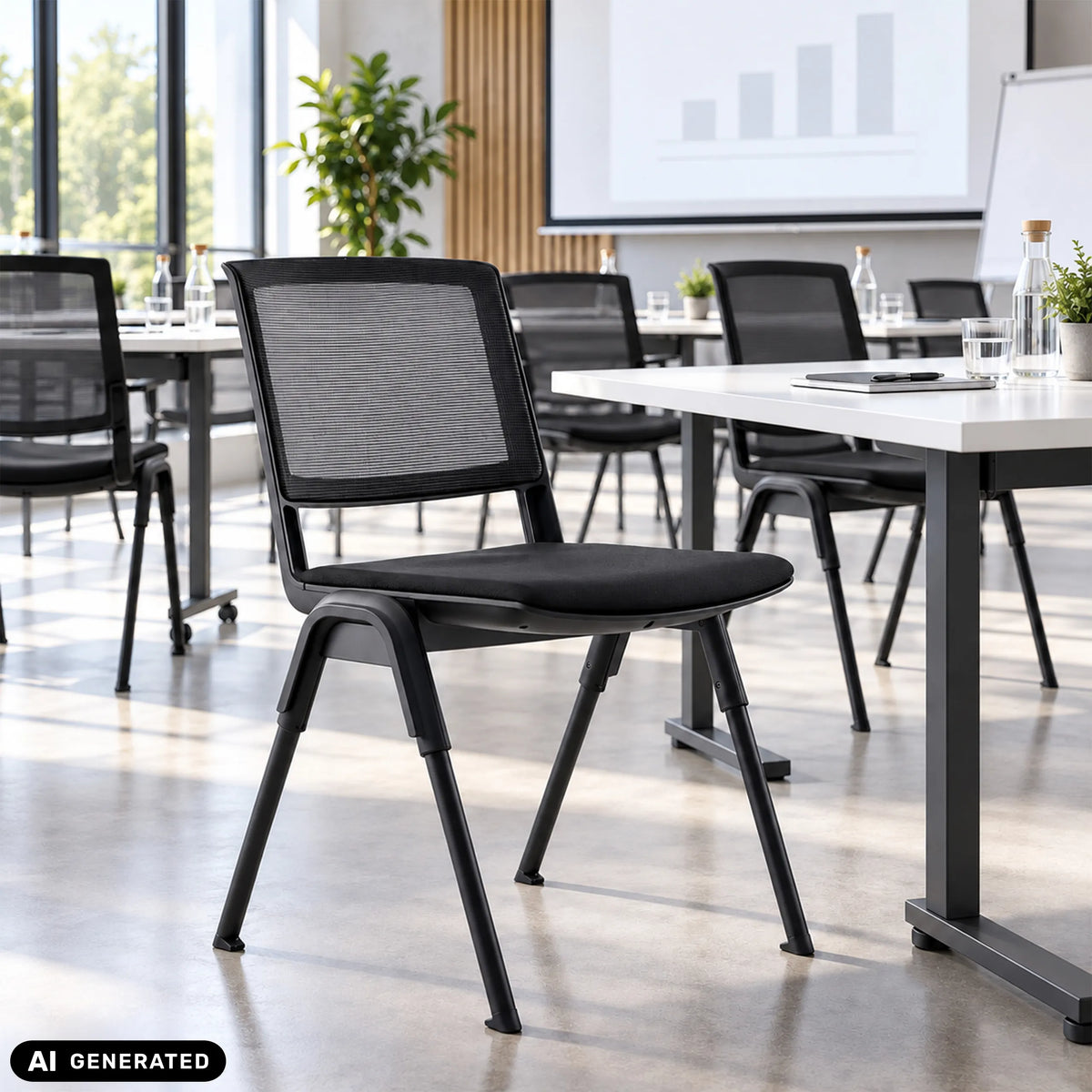 Besökarstol MEET WA i svart med nätryggstöd i ett mötesrum från hjh OFFICE (AI-genererad bild)