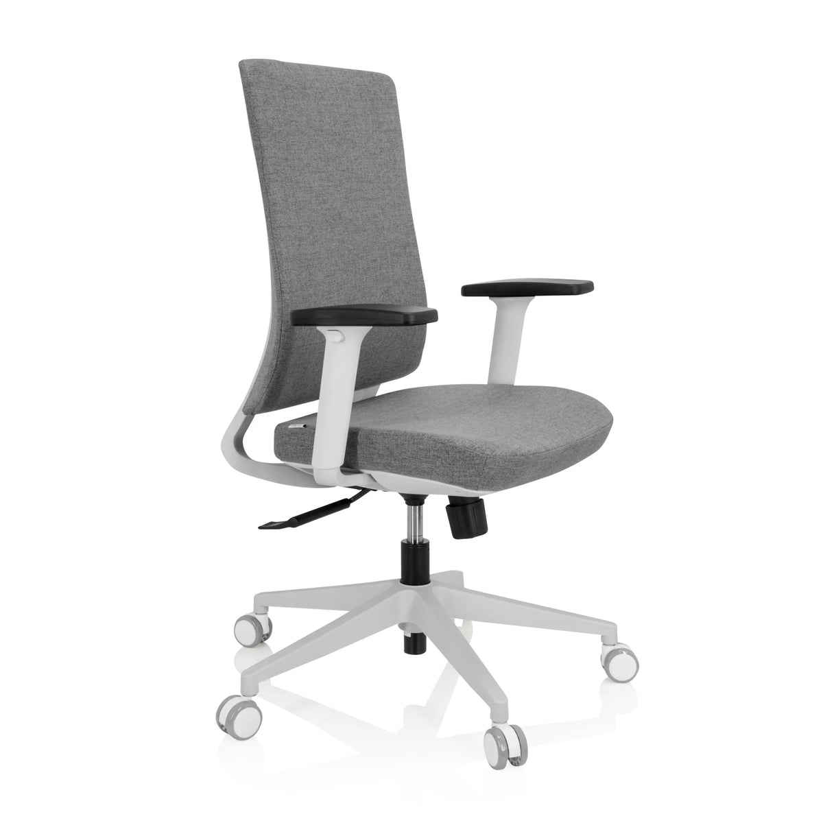 Grå Professionell kontorsstol COMFIO WP med armstöd och ett vitt femstjärnigt underrede med hjul från hjh OFFICE – 360-gradersvy (snett framifrån 60°)