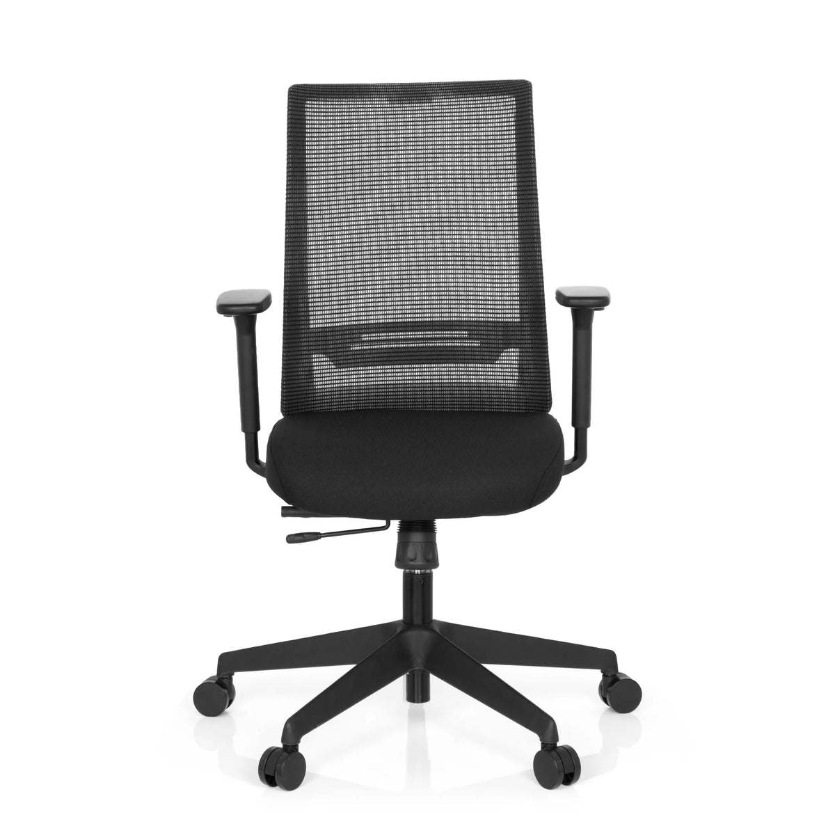Svart Professionell kontorsstol CONISTON med nätrygg och femhjulig fotkorsbas från hjh OFFICE – 360-gradersvy (framifrån 0°)