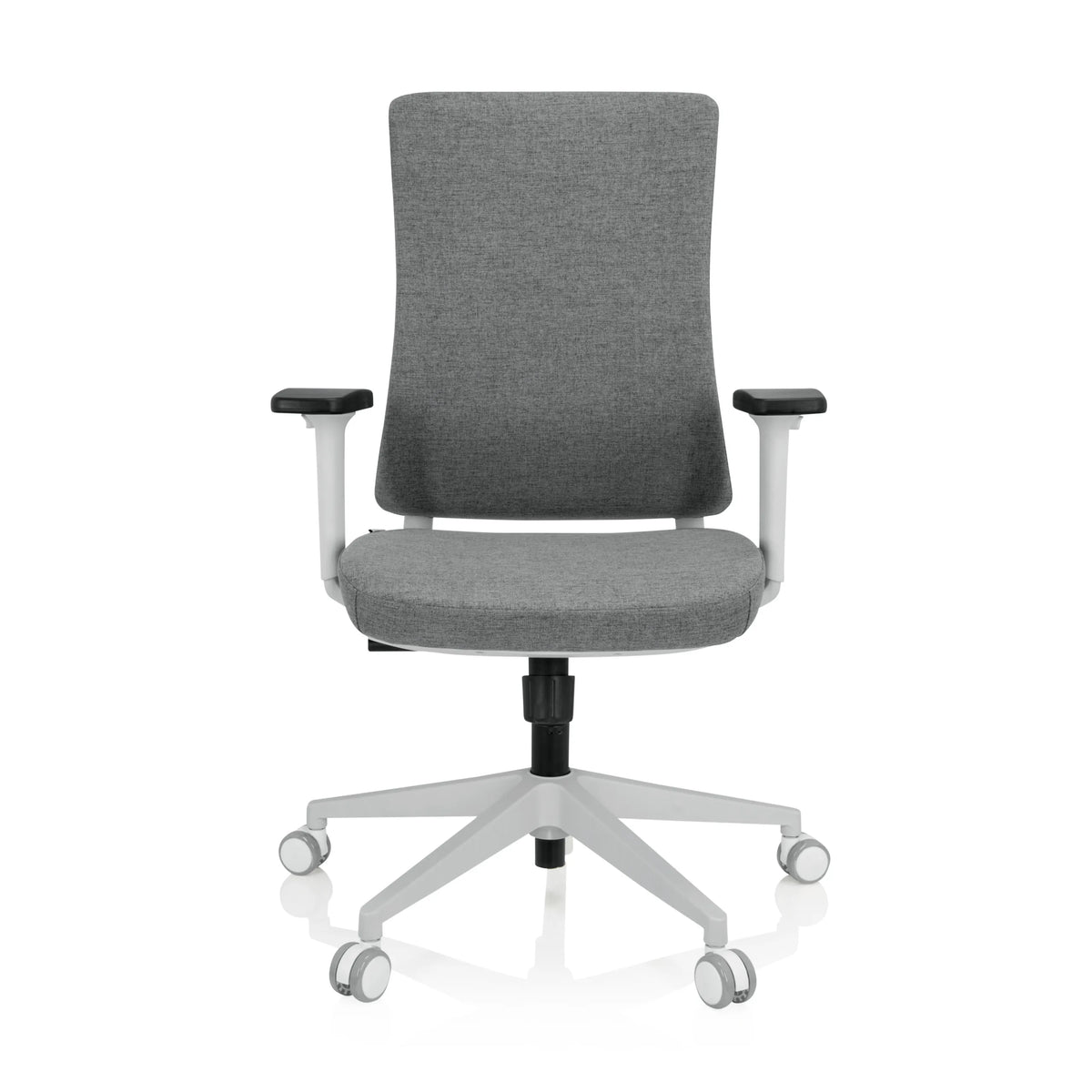 Grå Professionell kontorsstol COMFIO WP med armstöd och ett vitt femstjärnigt underrede med hjul från hjh OFFICE – 360-gradersvy (framifrån 0°)