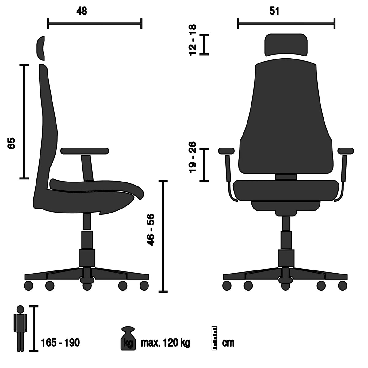 Teknisk ritning av Home Office kontorsstol ERGOMY WF från MyBuero med en maximal belastning på 120 kg