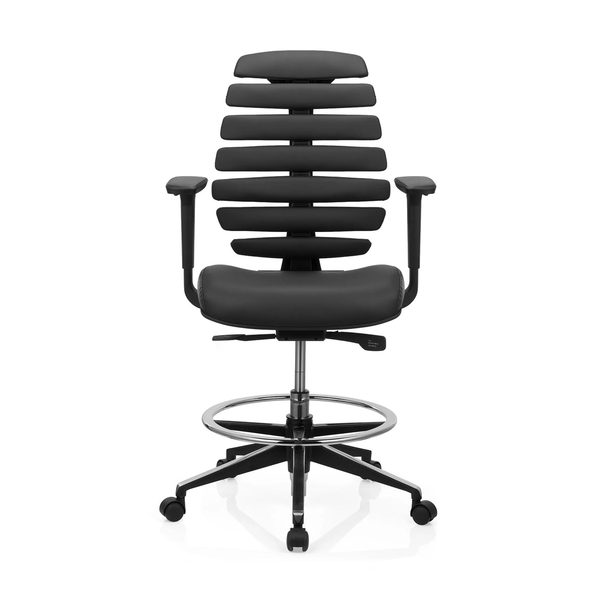 Svart Bardiskstol ERGO LINE II WORK i läder med fotring och femhjulig stjärnfot från hjh OFFICE – 360-gradersvy (framifrån 0°)