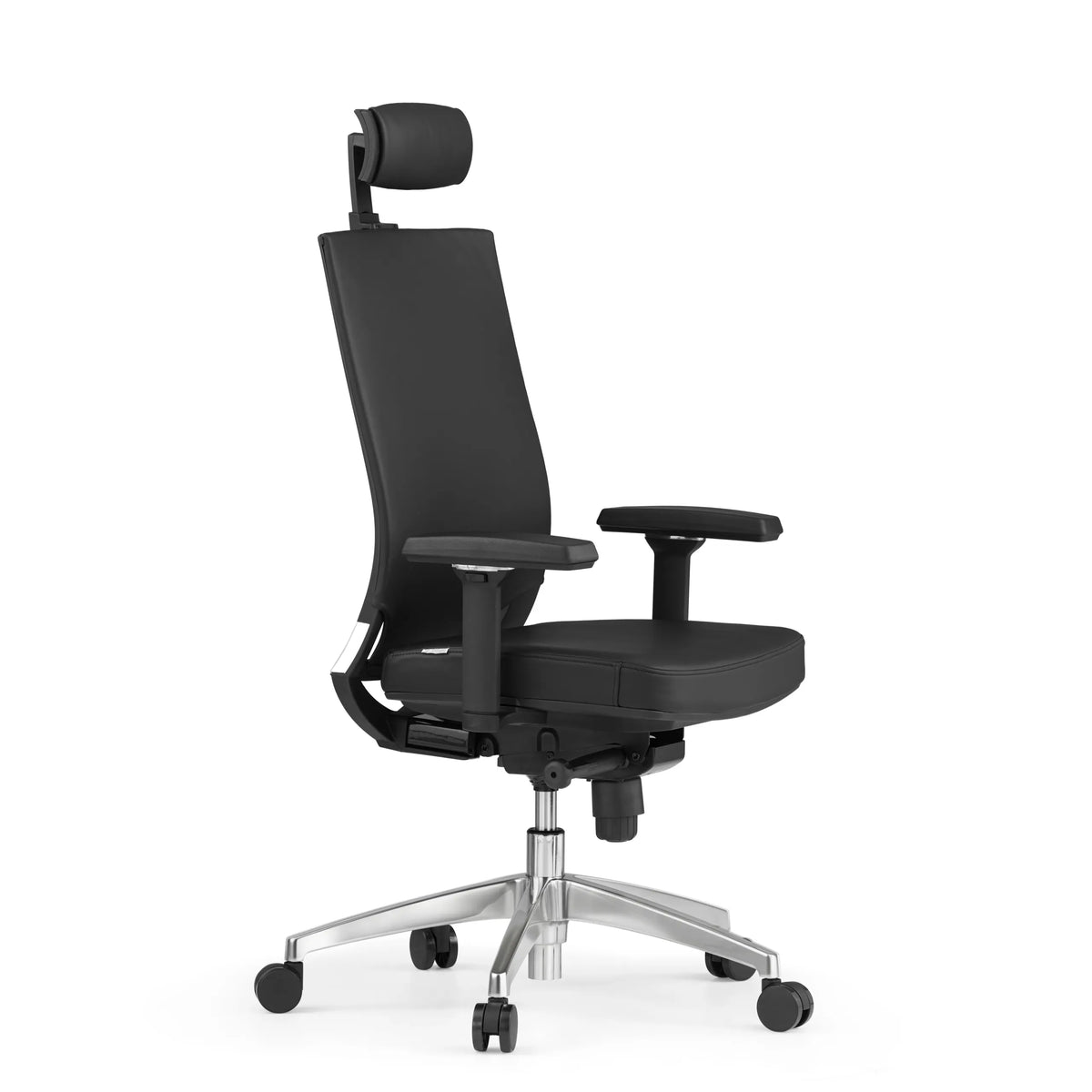 Svart Professionell kontorsstol PORTO MAX HIGH i läder med nackstöd och femhjulig fotkorsbas från hjh OFFICE – 360-gradersvy (snett framifrån 60°)