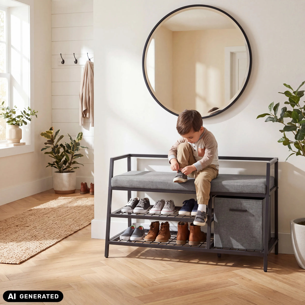 Skoskåp Estha Loft i svart och grått med sittdyna, två avställningsytor och en tygkorg från hjh LIVING