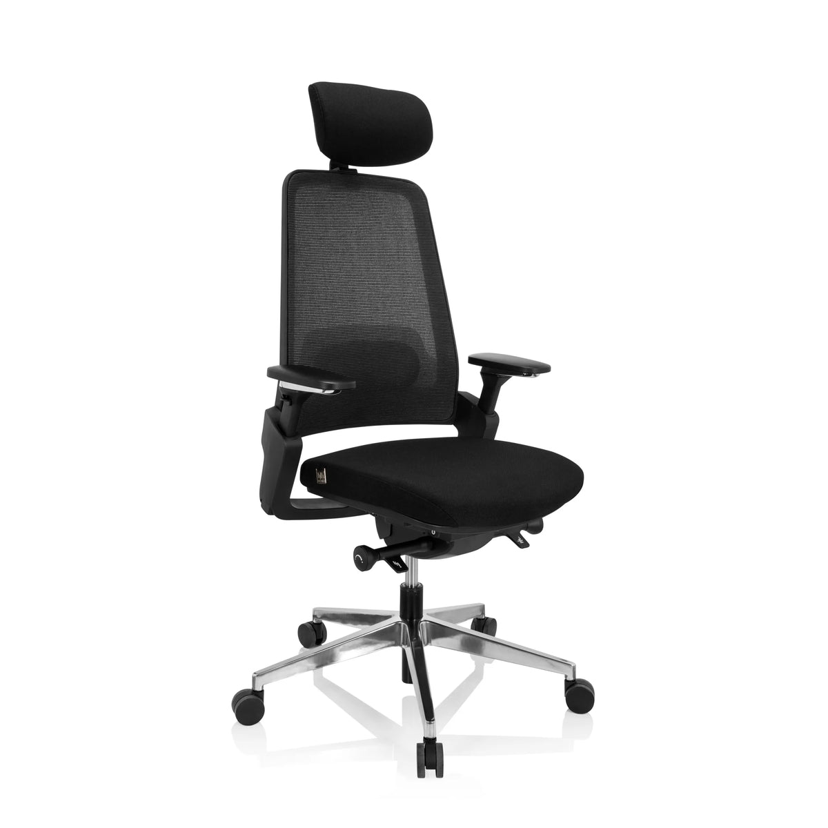 Svart Professionell kontorsstol BRACIO med nätrygg, nackstöd och femhjulig fotkorsbas från hjh OFFICE – 360-gradersvy (snett framifrån 40°)