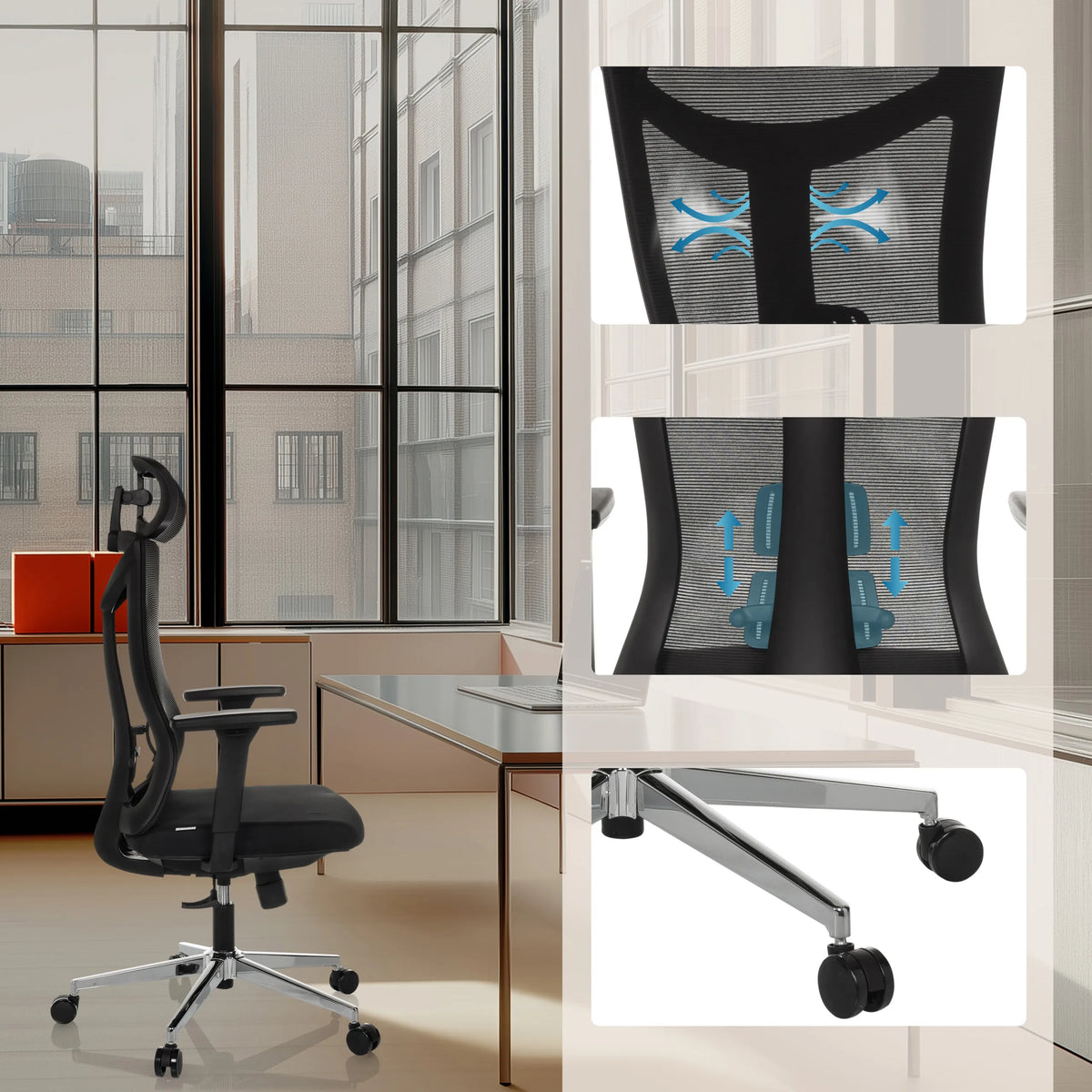 Professionell kontorsstol KAMIAK i svart med nätrygg, svankstöd och polerat stjärnfot med hjul från hjh OFFICE