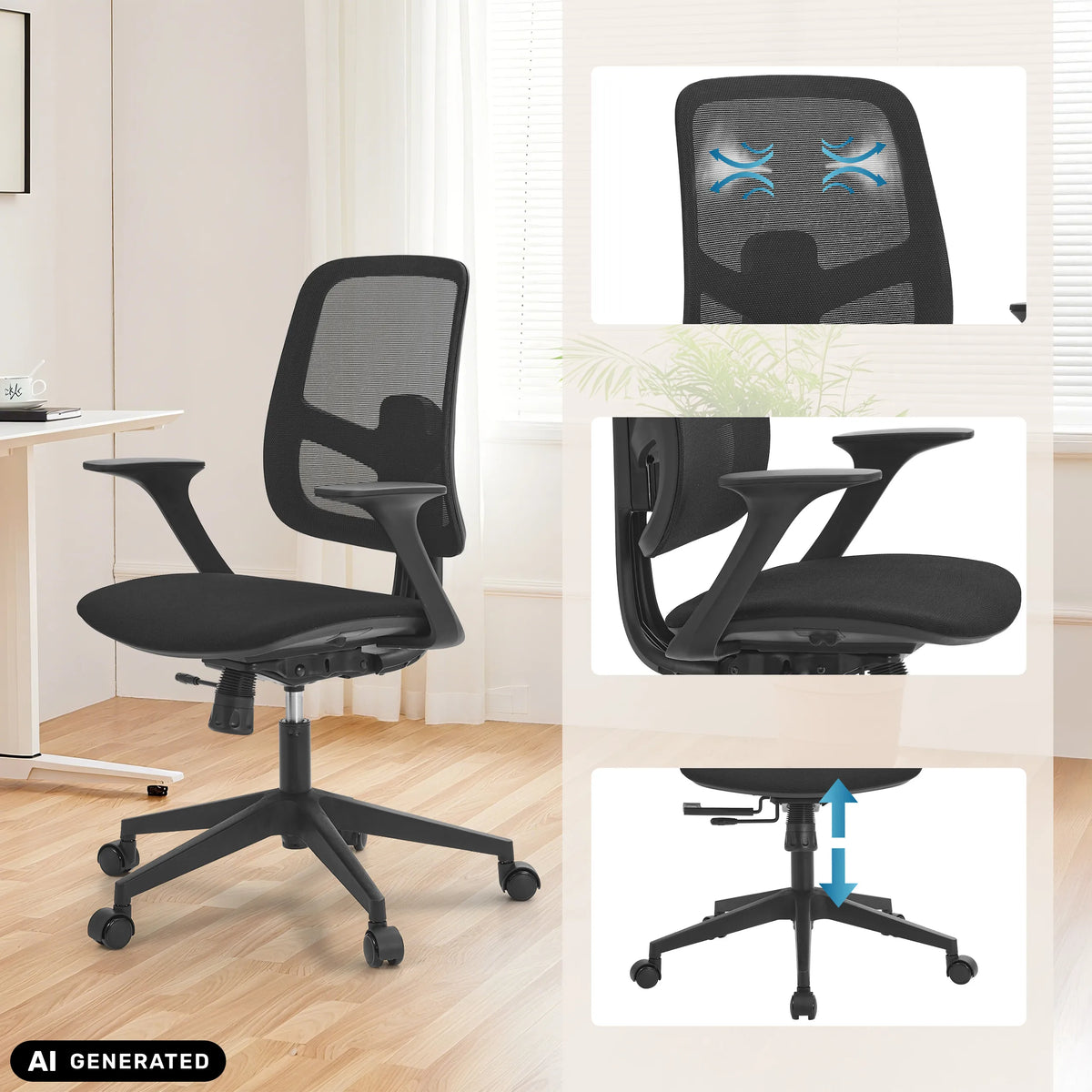 Home Office kontorsstol Malio i svart med nätrygg och höjdjusterbart underrede från hjh OFFICE (AI-genererad bild)