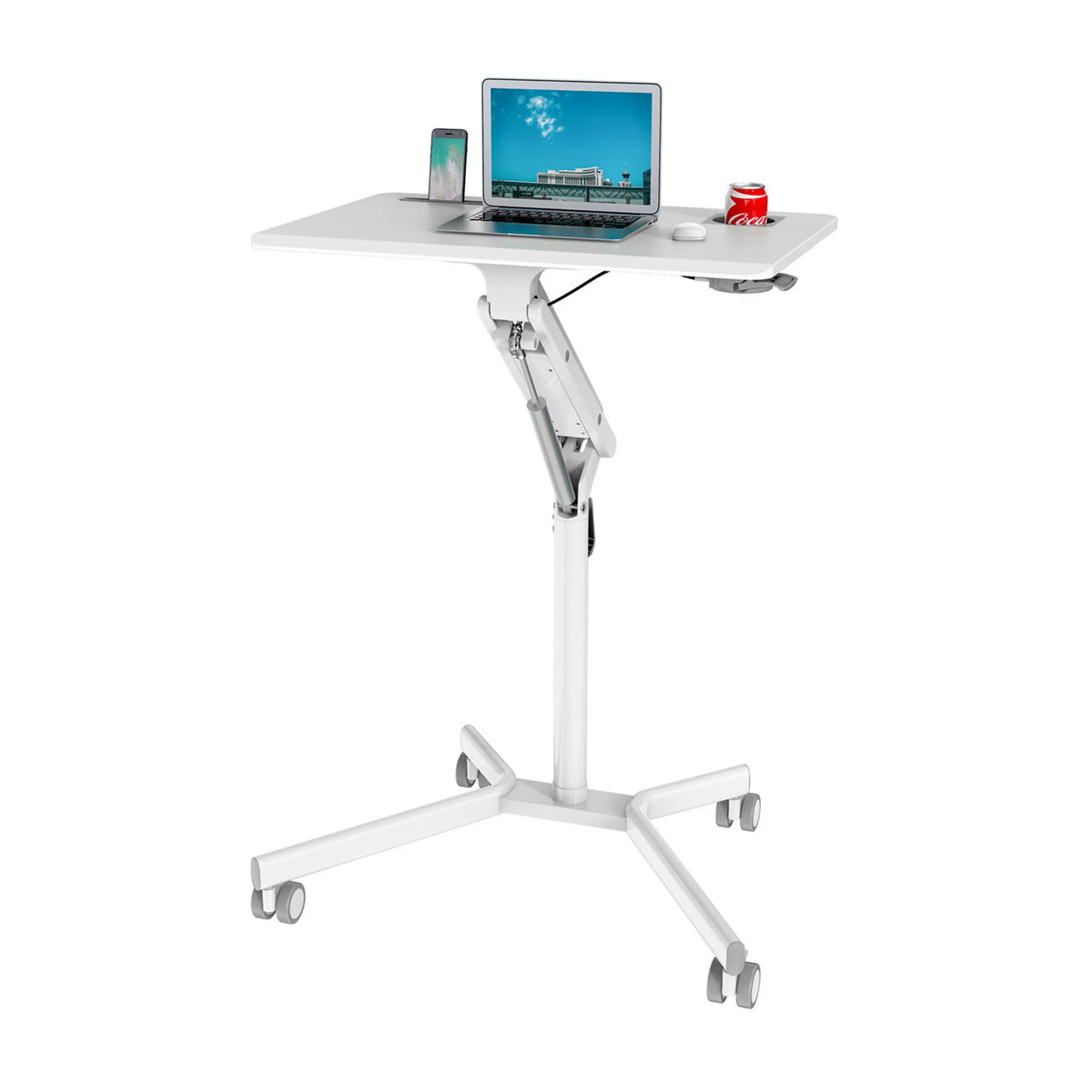 Vitt ståskrivbord STAND VM-SU I med höjjusterbar ram och fyra hjul från hjh OFFICE