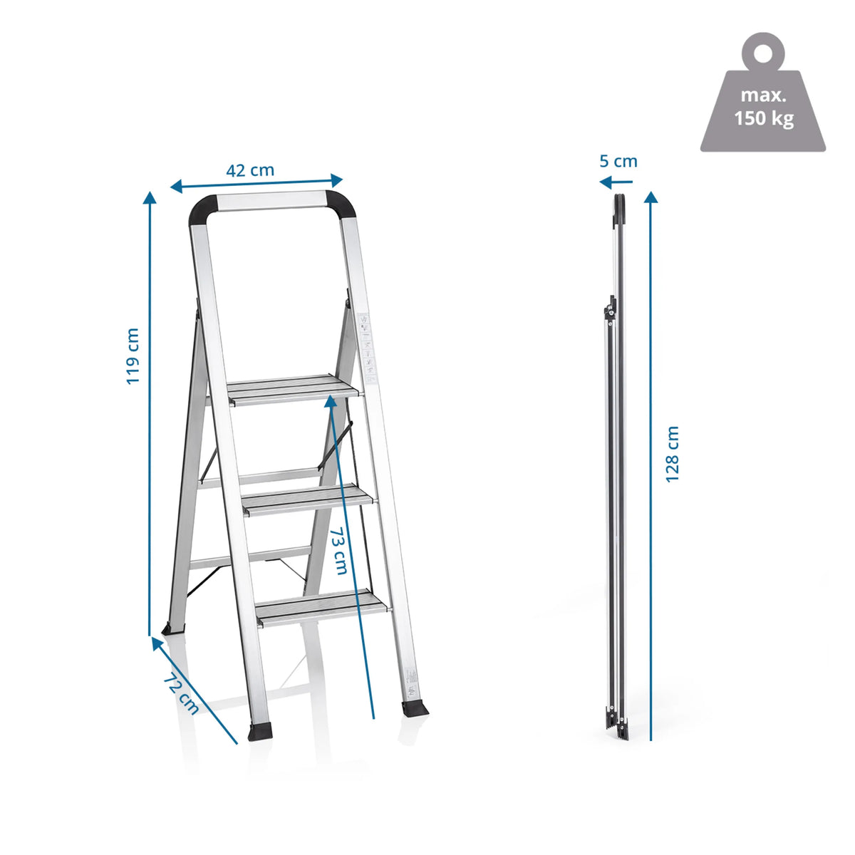 Måttritning av Fällbar stege SOLID V med en höjd på 119 cm och 42 cm bredd från hjh OFFICE