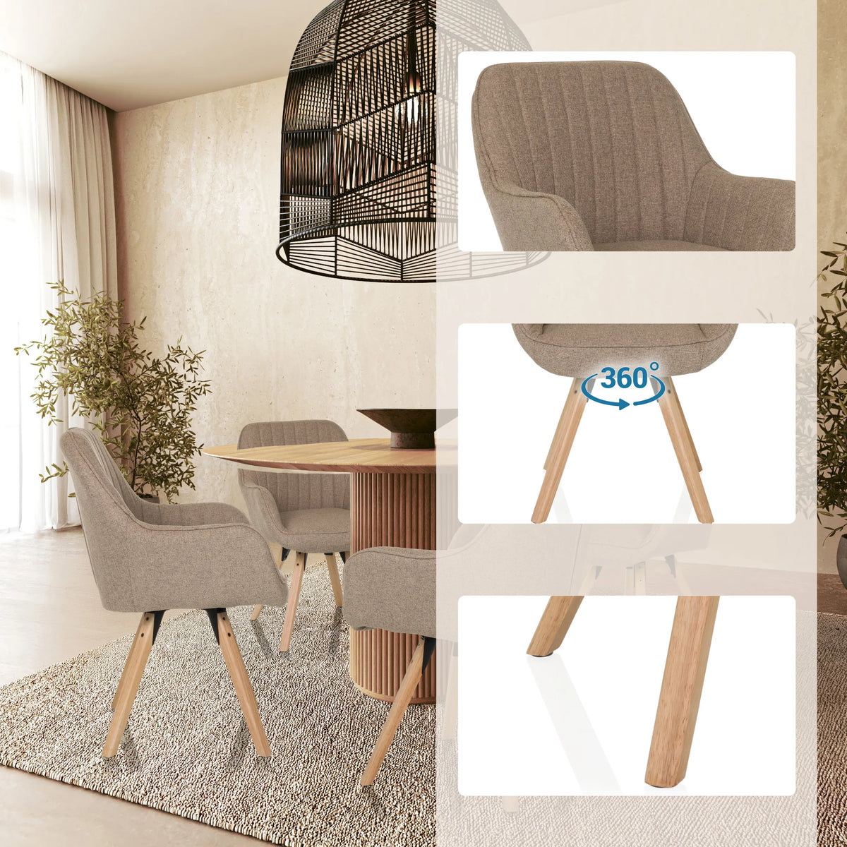 Beige stoppad stol SCANDI SOFT med 360-graders svängfunktion och träben från hjh LIVING
