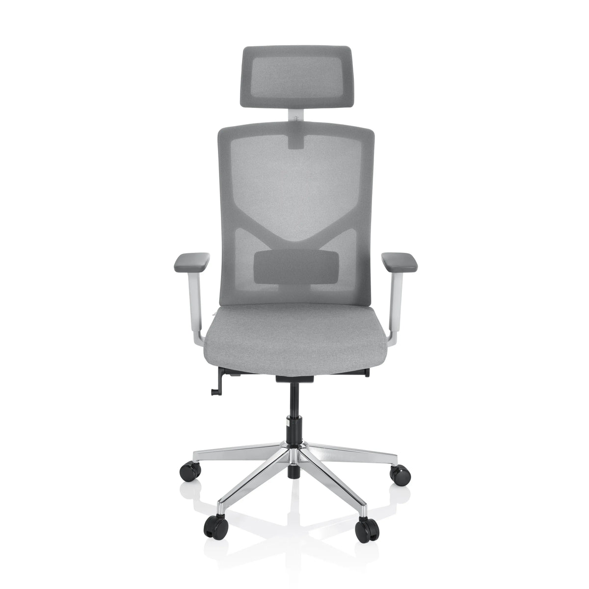 Grå professionell kontorsstol BRETON PRO W med nätrygg, nackstöd och femhjulig fotkorsbas från hjh OFFICE – 360-gradersvy (framifrån 0°)
