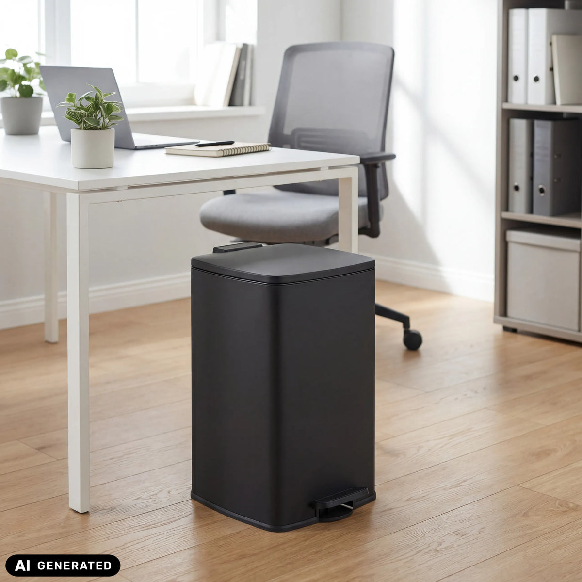 Svart papperskorg Clean Step 3 med 50 liters kapacitet och fotpedal från hjh OFFICE (AI-genererad bild)
