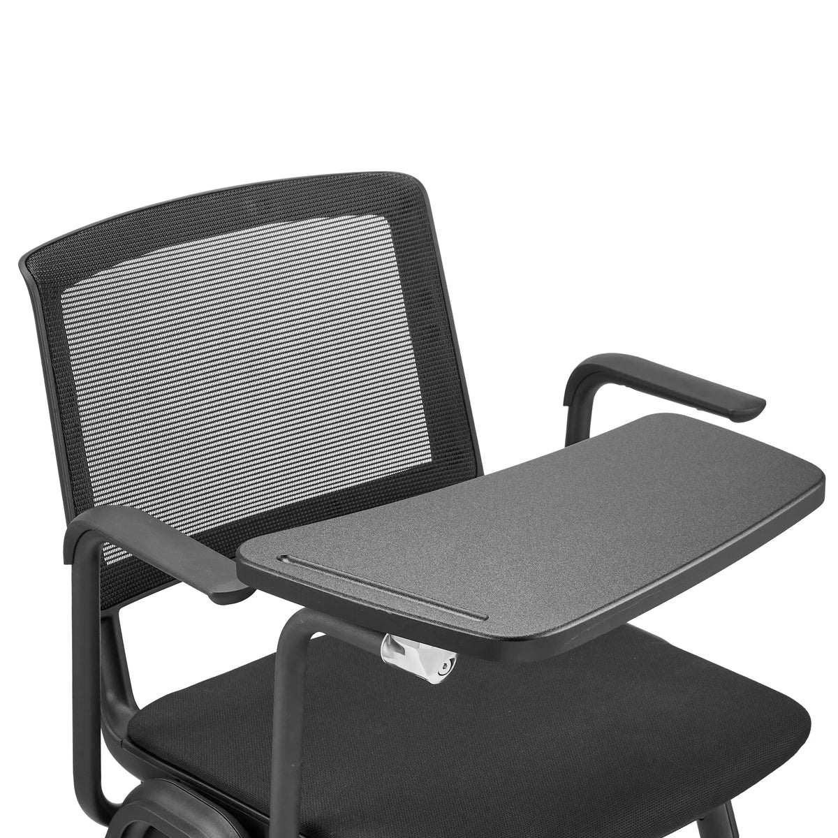 Skrivplatta från MEET WA skrivplattan i svart på ett armstöd med nätryggstöd från hjh OFFICE