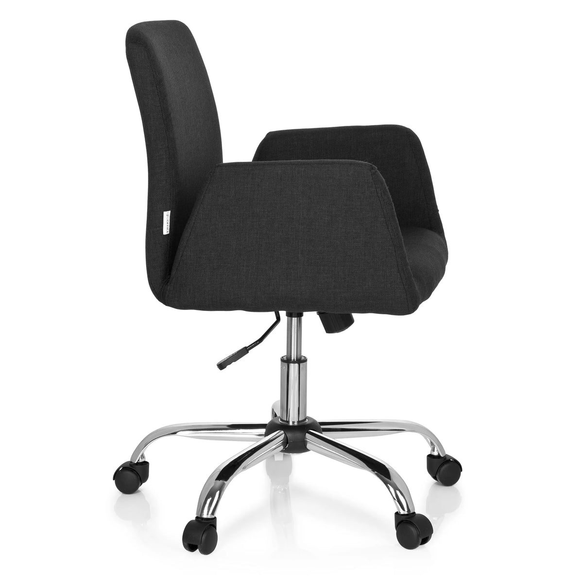 Svart Home Office kontorsstol FLOW med armstöd och blankt femstjärnigt underrede med hjul från hjh OFFICE – 360-gradersvy (sidoprofil 80°)