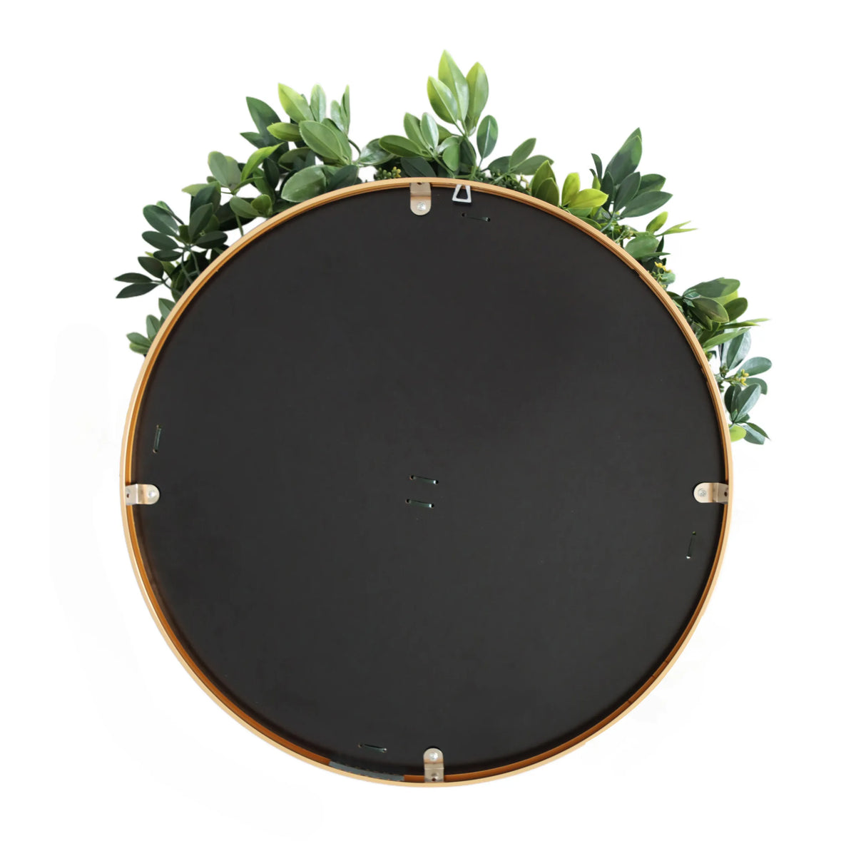 Baksidan av den runda Växtmatta LEAFLUXE WALL 2 i svart med guldfärgad kant från hjh LIVING
