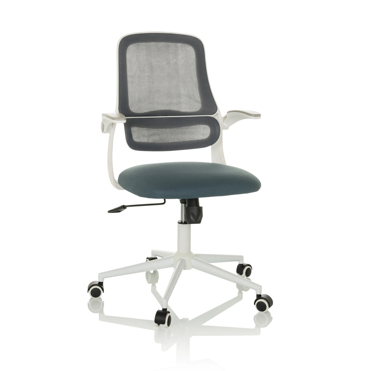 Grå Home Office kontorsstol MIKO W ECO med nätrygg och vitt femstjärnigt underrede med hjul från hjh OFFICE – 360-gradersvy (framifrån 15°)