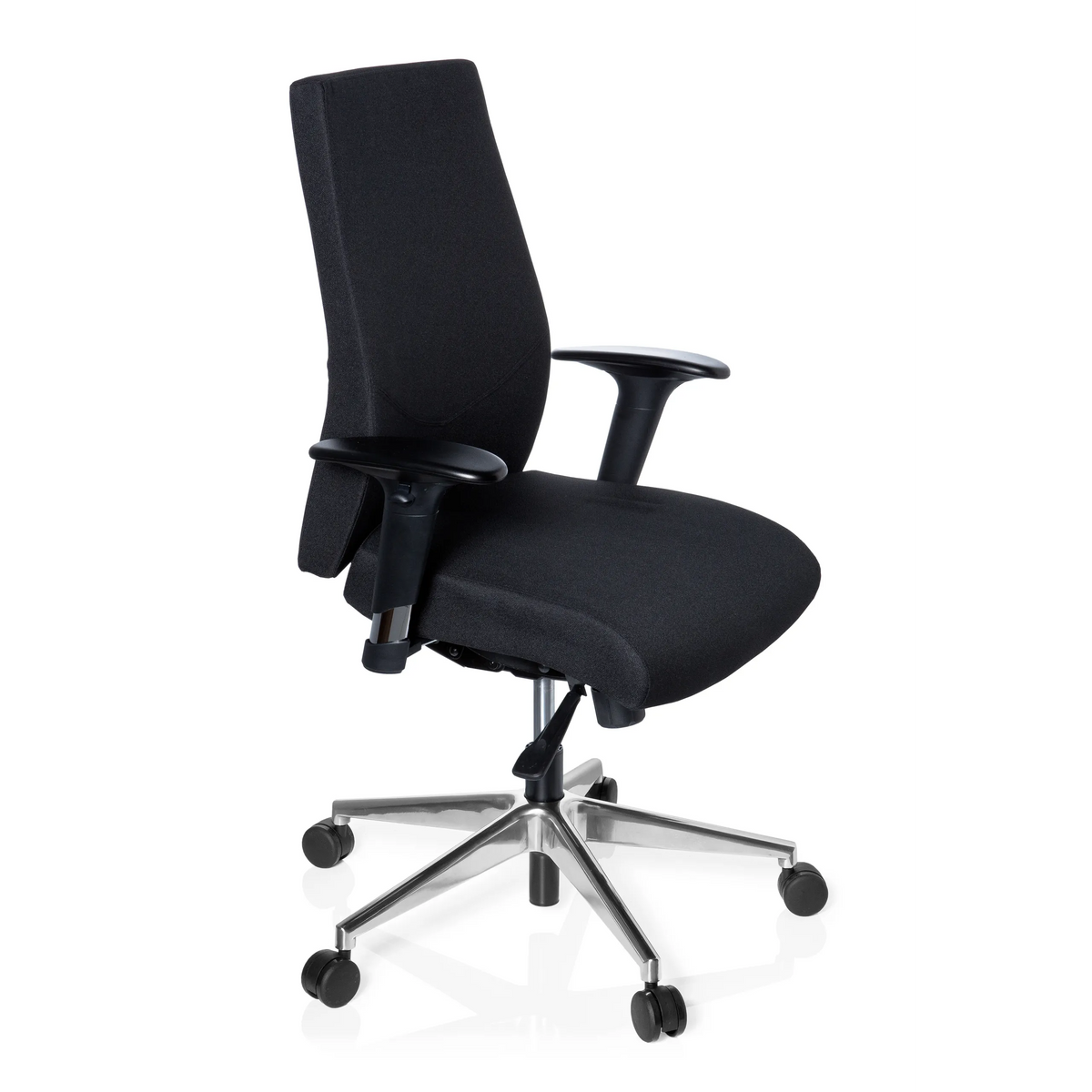 Svart Professionell kontorsstol PRO-TEC 250 med armstöd och femhjulig stjärnfot från hjh OFFICE – 360-gradersvy (snett framifrån 60°)