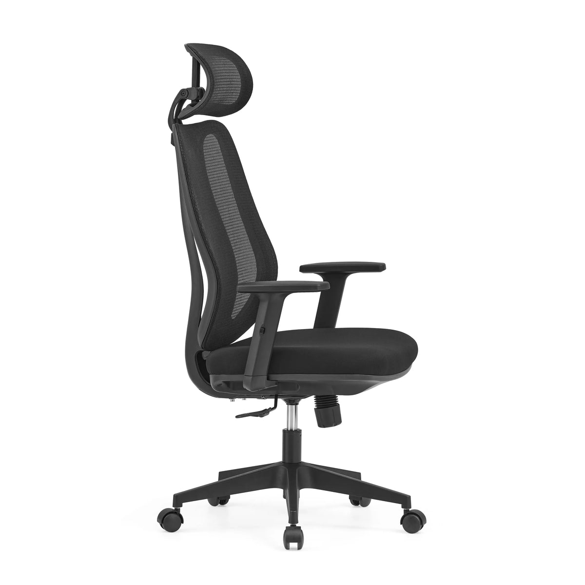 Svart professionell kontorsstol Filaro med nätrygg, nackstöd och femstjärnigt fotkors med hjul från hjh OFFICE – 360-gradersvy (sidoprofil 75°)