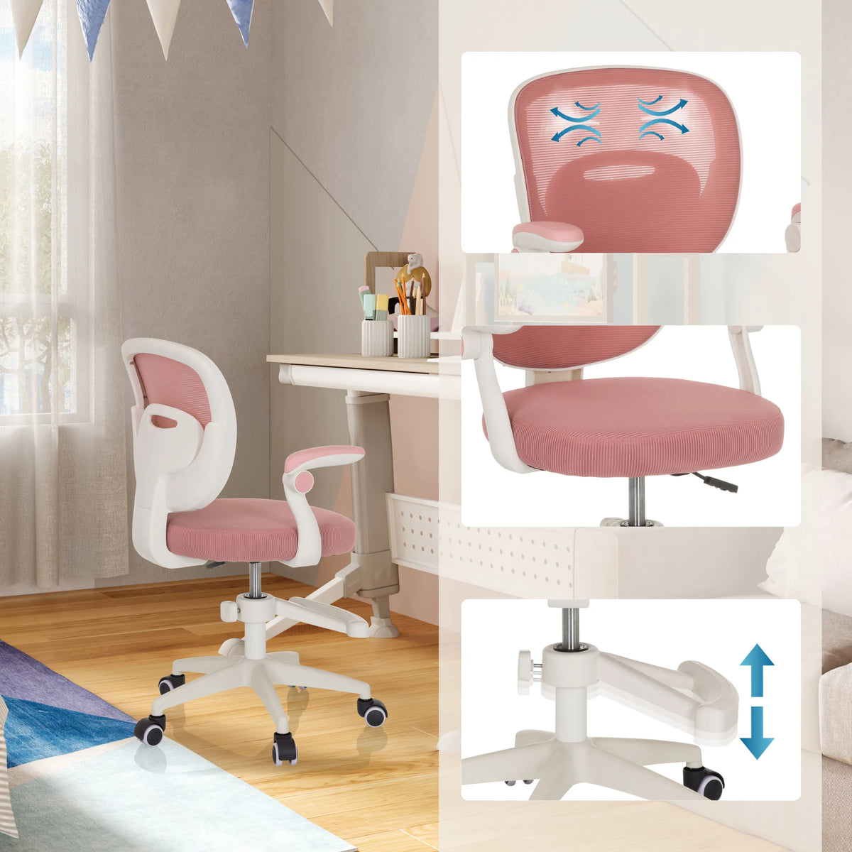 Rosa snurrstol för barn KIDDY SMART med andningsbart ryggstöd och höjdjusterbar sits från hjh OFFICE